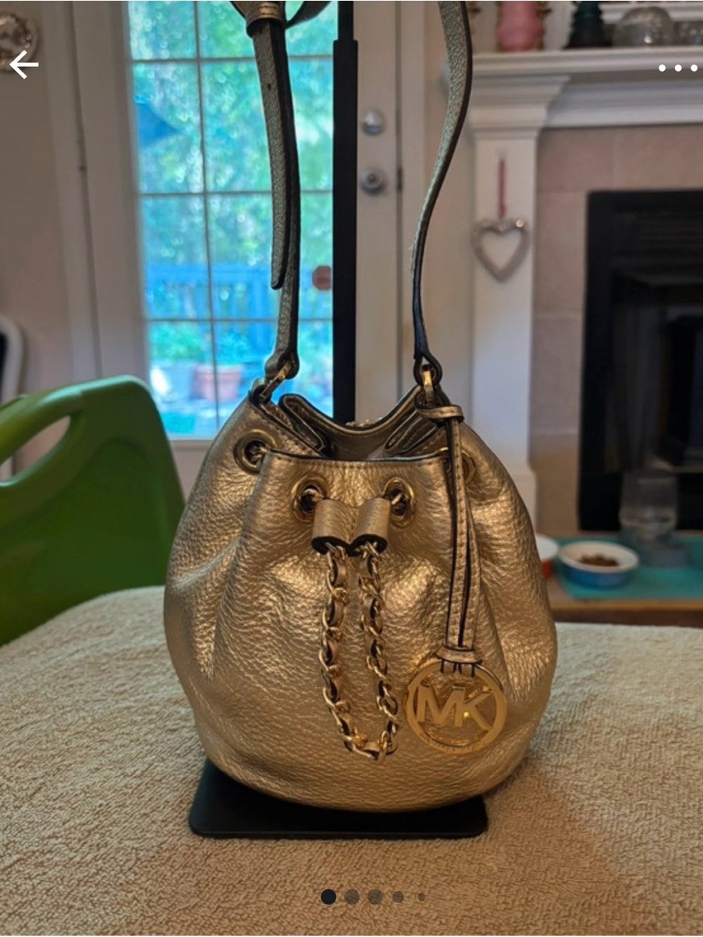 Michael Kors Gold Leather Drawstring Mini Bucket Bag